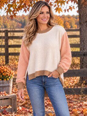 RARERAW Sweater Puffy Sleeves Hi Lo Hem Cream,Peach,Tan Colorblocked NWOT L